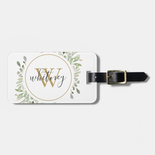 Initial für elegantes Script Greenery Monogram Gepäckanhänger (Vorderseite horizontal)