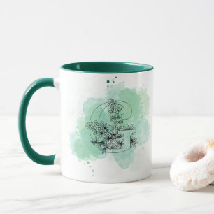 Initial G Aquarellmonogramm Grün Botanisch Tasse
