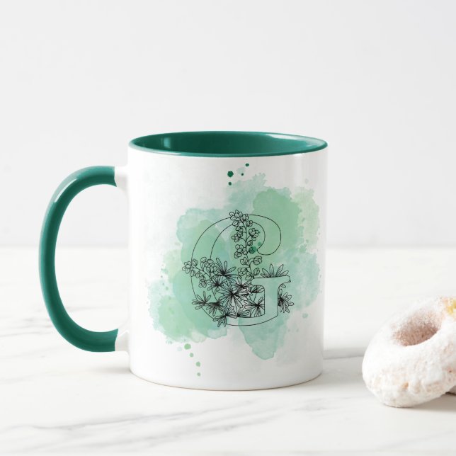 Initial G Aquarellmonogramm Grün Botanisch Tasse (Mit Donut)