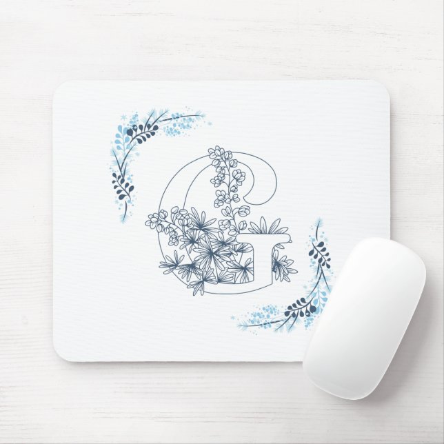 Initial "G" Blue Monogram Calm Floral Mousepad (Mit Mouse)