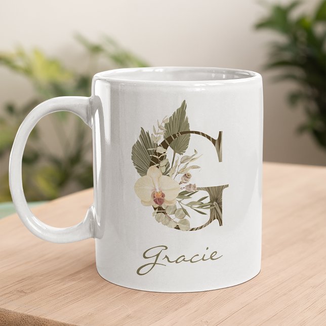 Initial G Boho Floral Orchid Greenery Individuelle Kaffeetasse (Von Creator hochgeladen)