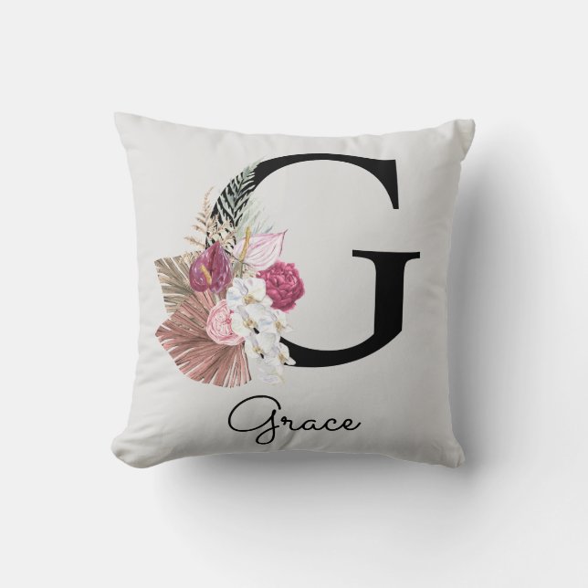 Initial G Mit Monogramm Pink Boho Floral Kissen (Vorderseite)