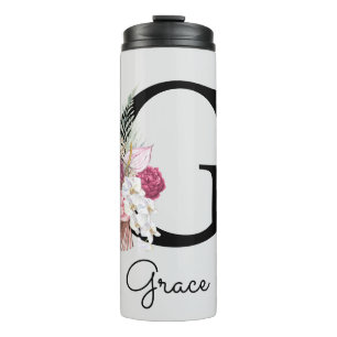 Initial G Mit Monogramm Pink Boho Floral Thermosbecher