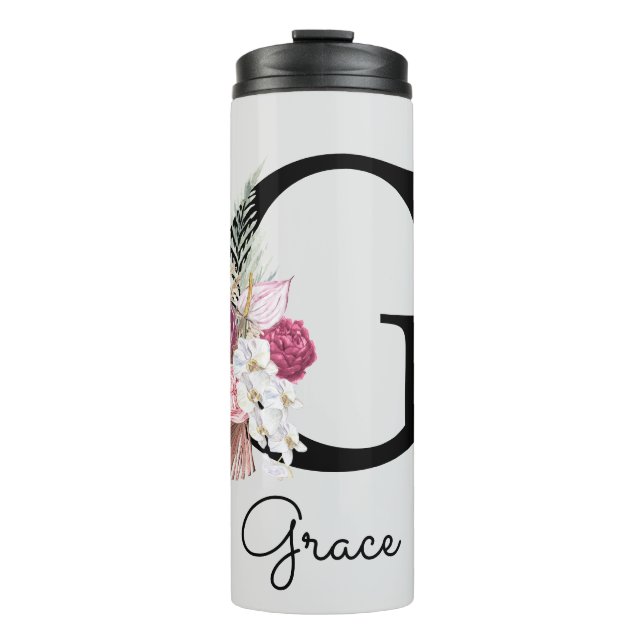 Initial G Mit Monogramm Pink Boho Floral Thermosbecher (Vorderseite)