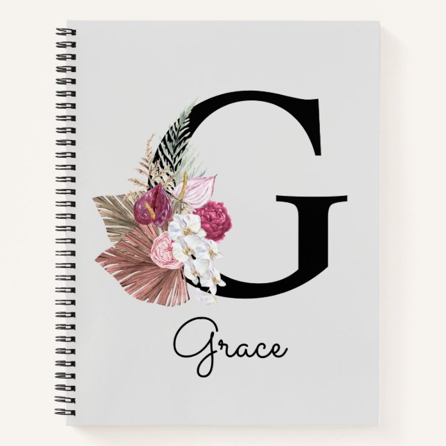 Initial G Monogram Pink Boho Girly Floral Notizbuch (Vorderseite)