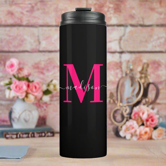 Initial Girly Black & Bold Hot Pink Monogram Thermosbecher (Von Creator hochgeladen)