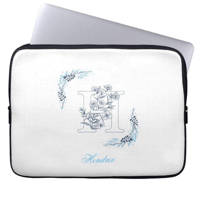 Initial "H" Blue Monogram Calm Floral Laptopschutzhülle (Vorderseite)
