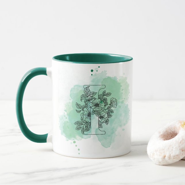 Initial I Aquarellmonogramm Grün Botanisch Tasse (Mit Donut)