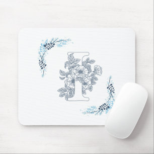 Initial "I" Blue Monogram Calm Floral Mousepad