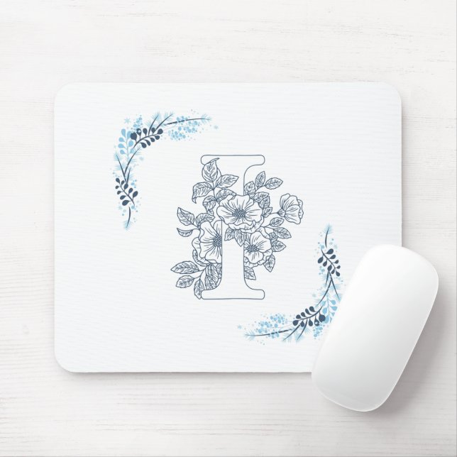 Initial "I" Blue Monogram Calm Floral Mousepad (Mit Mouse)