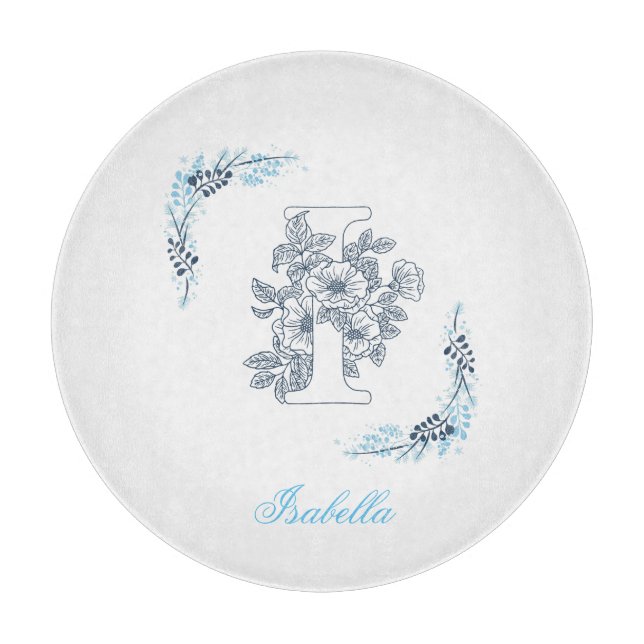 Initial "I" Blue Monogram Calm Floral Schneidebrett (Vorderseite)