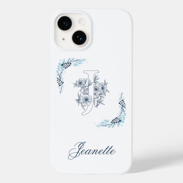 Initial "J" Blue Monogram Calm Floral Case-Mate iPhone Hülle (Rückseite)