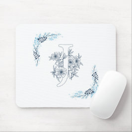 Initial "J" Blue Monogram Calm Floral Mousepad