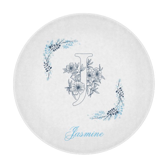 Initial "J" Blue Monogram Calm Floral Schneidebrett (Vorderseite)