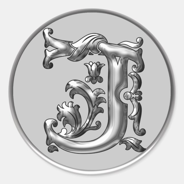 Initial J Round Sticker in Silber (Vorderseite)
