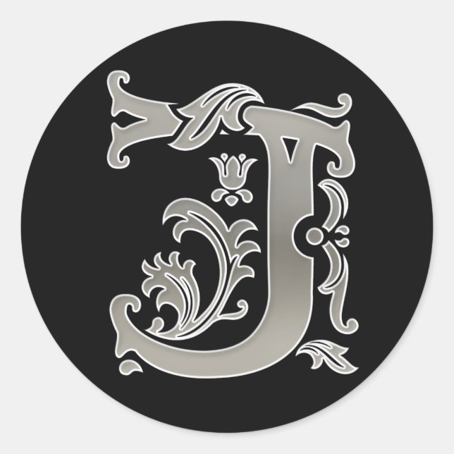 Initial J Round Sticker in Silber (Vorderseite)