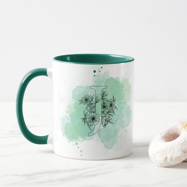 Initial J Watercolor Monogram Green Botanical Tasse (Mit Donut)