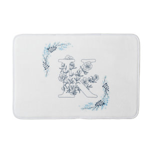 Initial "K" Blue Monogram Calm Floral Badematte
