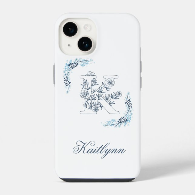 Initial "K" Blue Monogram Calm Floral iPhone Hülle (Rückseite)