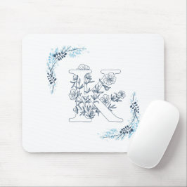 Initial "K" Blue Monogram Calm Floral Mousepad