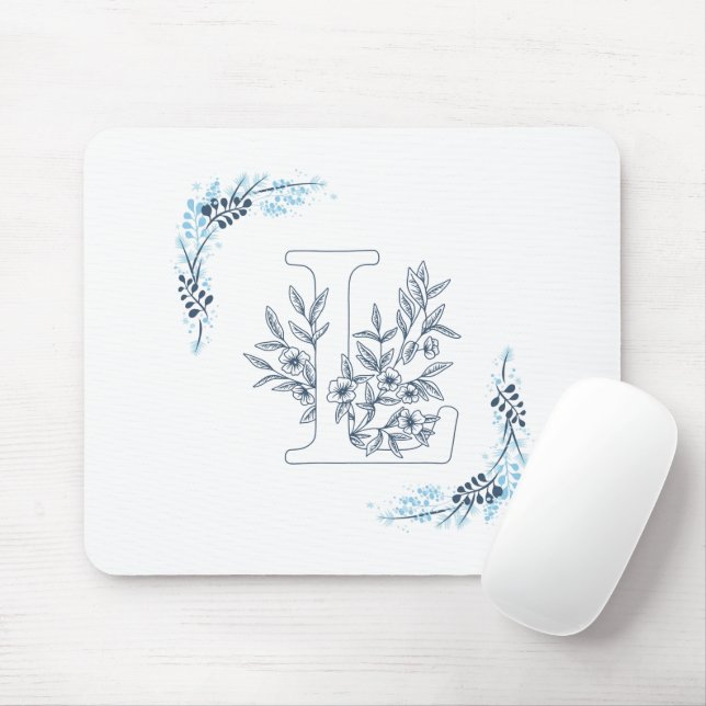Initial "L" Blue Monogram Calm Floral Mousepad (Mit Mouse)