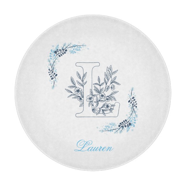 Initial "L" Blue Monogram Calm Floral Schneidebrett (Vorderseite)