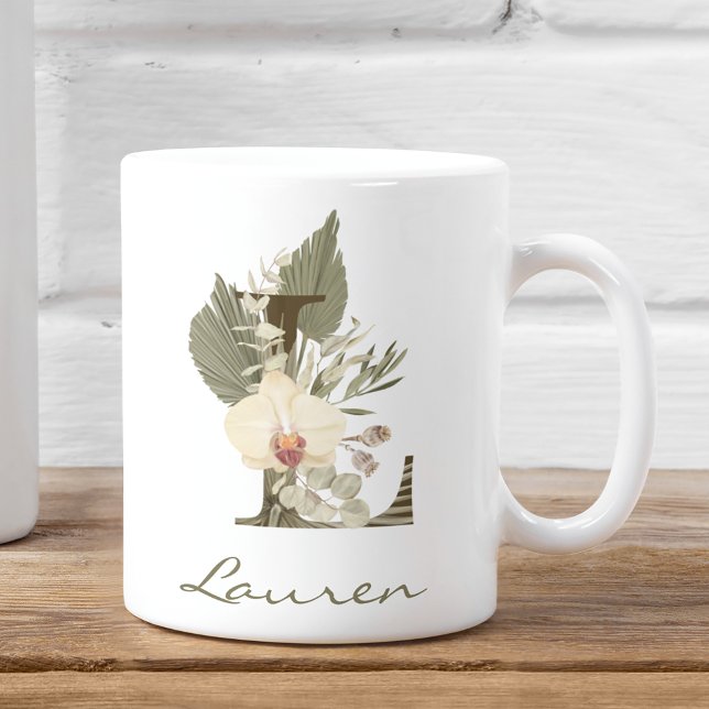 Initial L Boho Floral Orchid Greenery Individuelle Kaffeetasse (Von Creator hochgeladen)