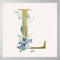 Initial L Golden and Blue Floral Monogram Poster