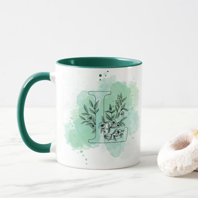 Initial L Watercolor Monogram Green Botanical Tasse (Mit Donut)