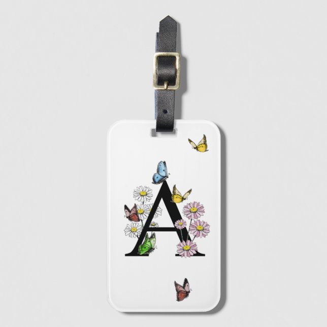 Initial Letter A Floral Butterfly Monogram Gepäckanhänger (Vorderseite Vertikal)