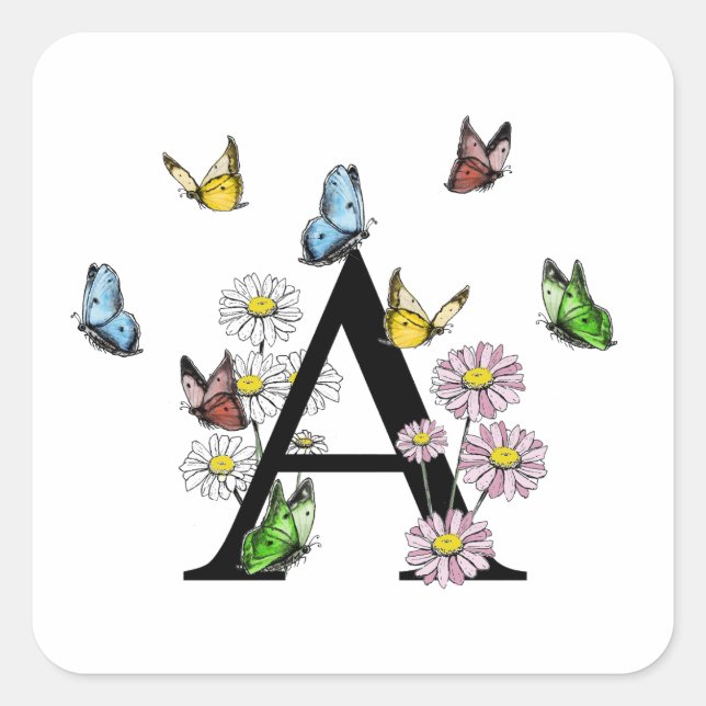 Initial Letter A Floral Butterfly Monogram Quadratischer Aufkleber (Vorderseite)