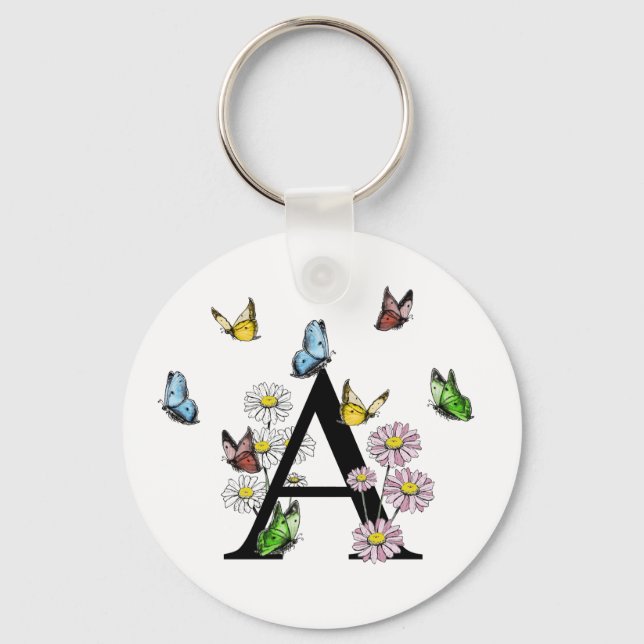 Initial Letter A Floral Butterfly Monogram Schlüsselanhänger (Vorderseite)