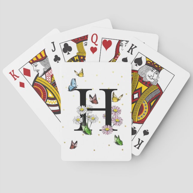 Initial Letter H Floral Butterfly Monogramm Spielkarten (Rückseite)