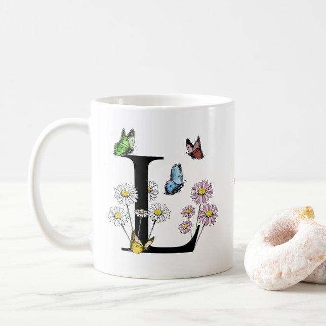 Initial Letter L Floral Butterfly Monogramm Kaffeetasse (Mit Donut)