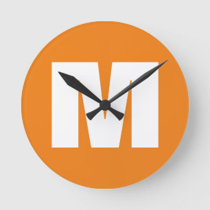 Initial Letter Monogram Modern Style Orange White Runde Wanduhr