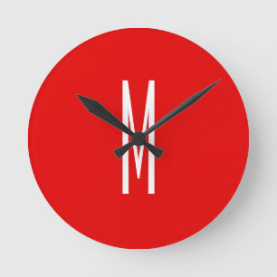 Initial Letter Monogram Modern Style Red White Runde Wanduhr