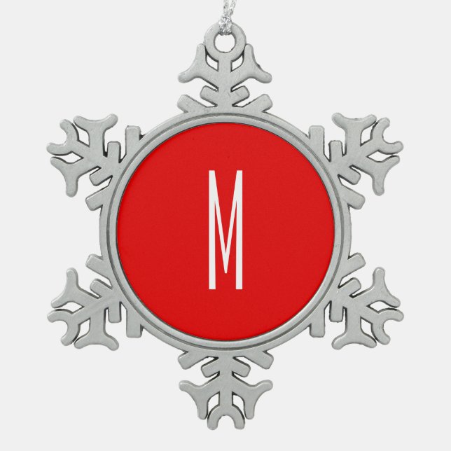 Initial Letter Monogram Modern Style Red White Schneeflocken Zinn-Ornament (Vorderseite)