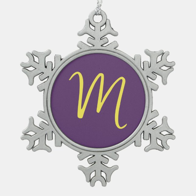 Initial Letter Monogram Stylish Indigo Yellow Schneeflocken Zinn-Ornament (Vorderseite)