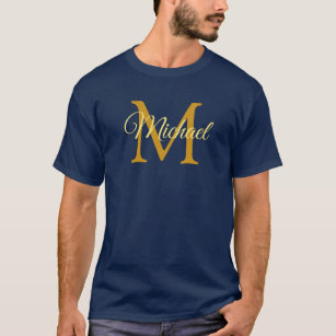 Initial Letter Name Monogram Men's Navy Blue Gold T-Shirt