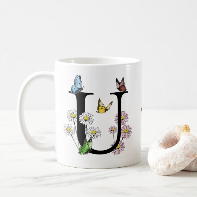 Initial Letter U Floral Butterfly Monogramm Kaffeetasse (Mit Donut)