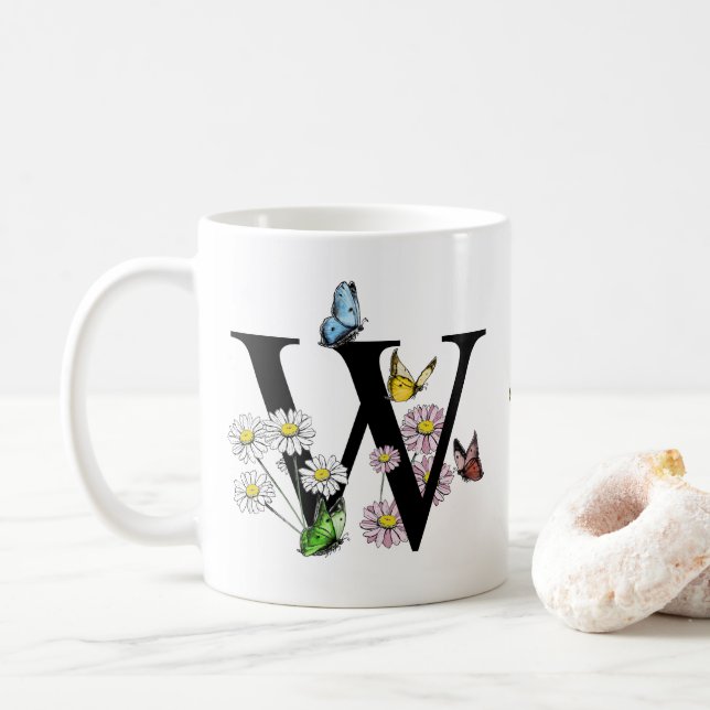Initial Letter W Floral Butterfly Monogramm Kaffeetasse (Mit Donut)