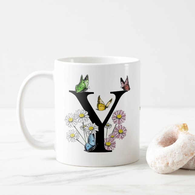 Initial Letter Y Floral Butterfly Monogramm Kaffeetasse (Mit Donut)