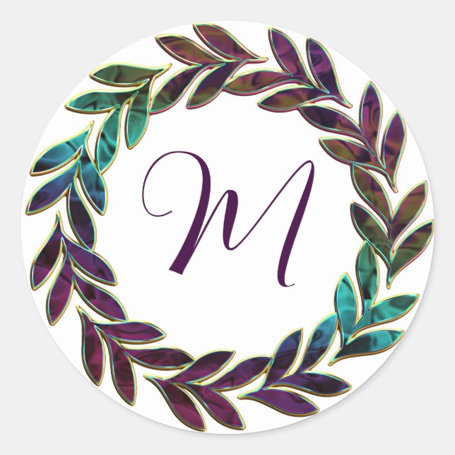 Initial lila Blue Green Wreath Design Monogram Runder Aufkleber (Vorderseite)