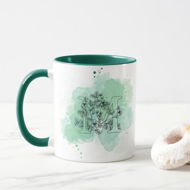 Initial M Aquarellmonogramm Grün Botanisch Tasse (Mit Donut)