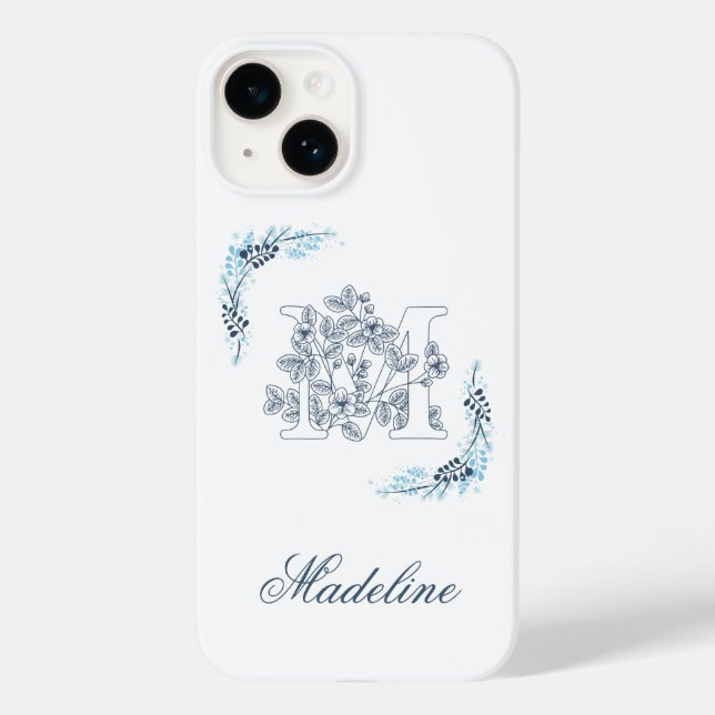 Initial "M" Blue Monogram Calm Floral Case-Mate iPhone Hülle (Rückseite)