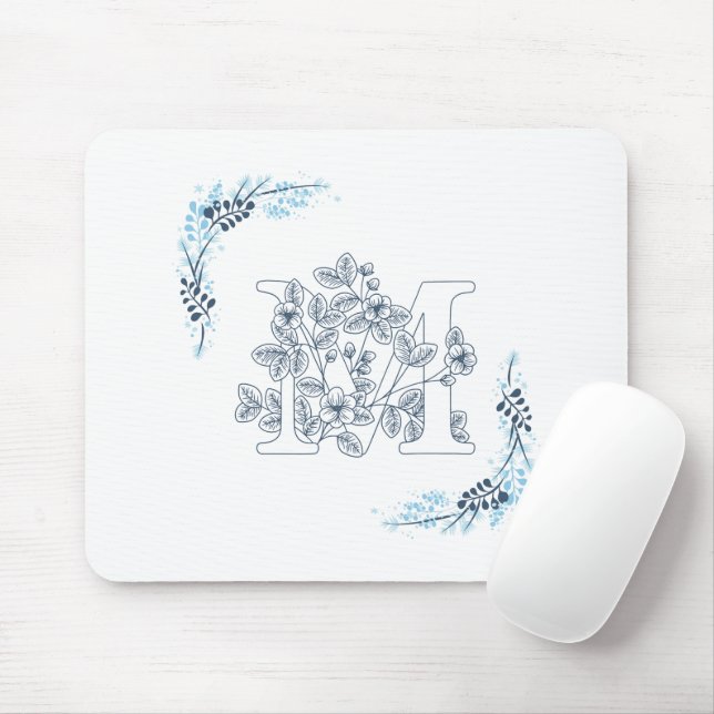 Initial "M" Blue Monogram Calm Floral Mousepad (Mit Mouse)