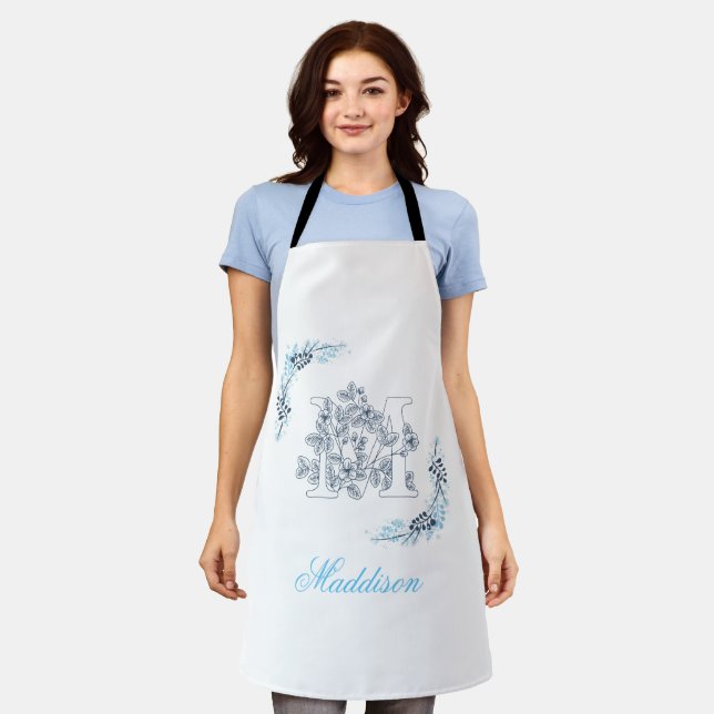 Initial "M" Blue Monogram Calm Floral Schürze (Getragen)