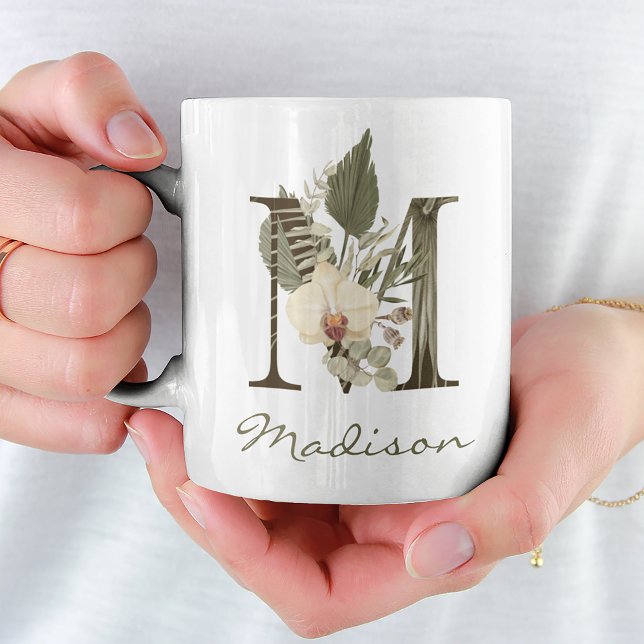 Initial M Boho Floral Orchid Greenery Individuelle Kaffeetasse (This mug has your name on it, literally! Enjoy the lovely floral orchid design and make it yours.)