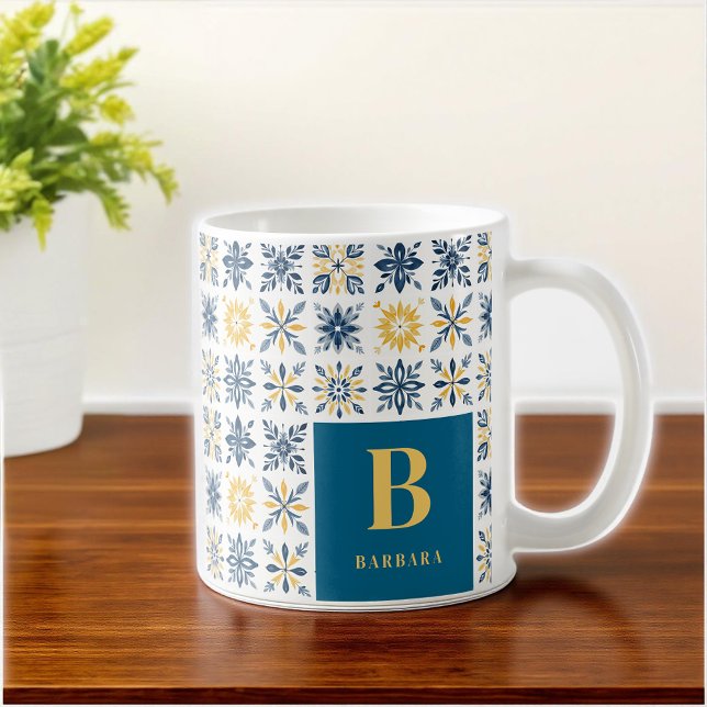 Initial Mediterranean Floral Tile-Style Pattern  Kaffeetasse (A Mediterranean Tile-Style Pattern Featuring Nine Floral and Geometric Designs in Navy Blue, Yellow,)