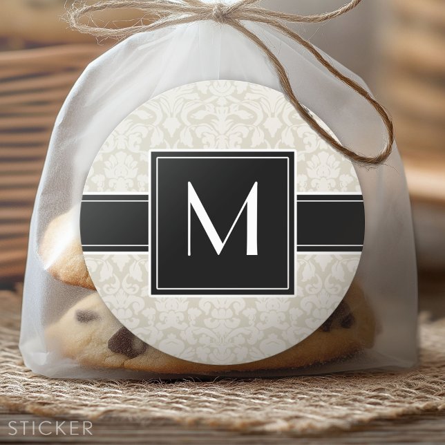 Initial mit Elfenbeinbeige Damask Runder Aufkleber (Custom Sticker)